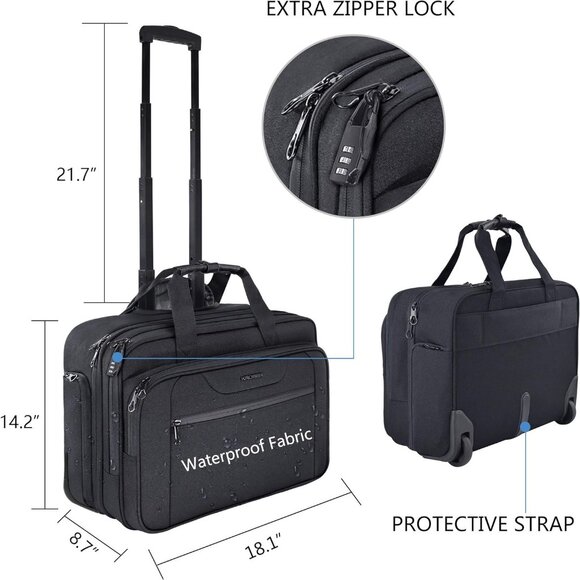 Rolling Laptop Bag Wheeled Briefcase Fits Up to 17.3 Inch Laptop Water-Proof - Picture 2 of 6